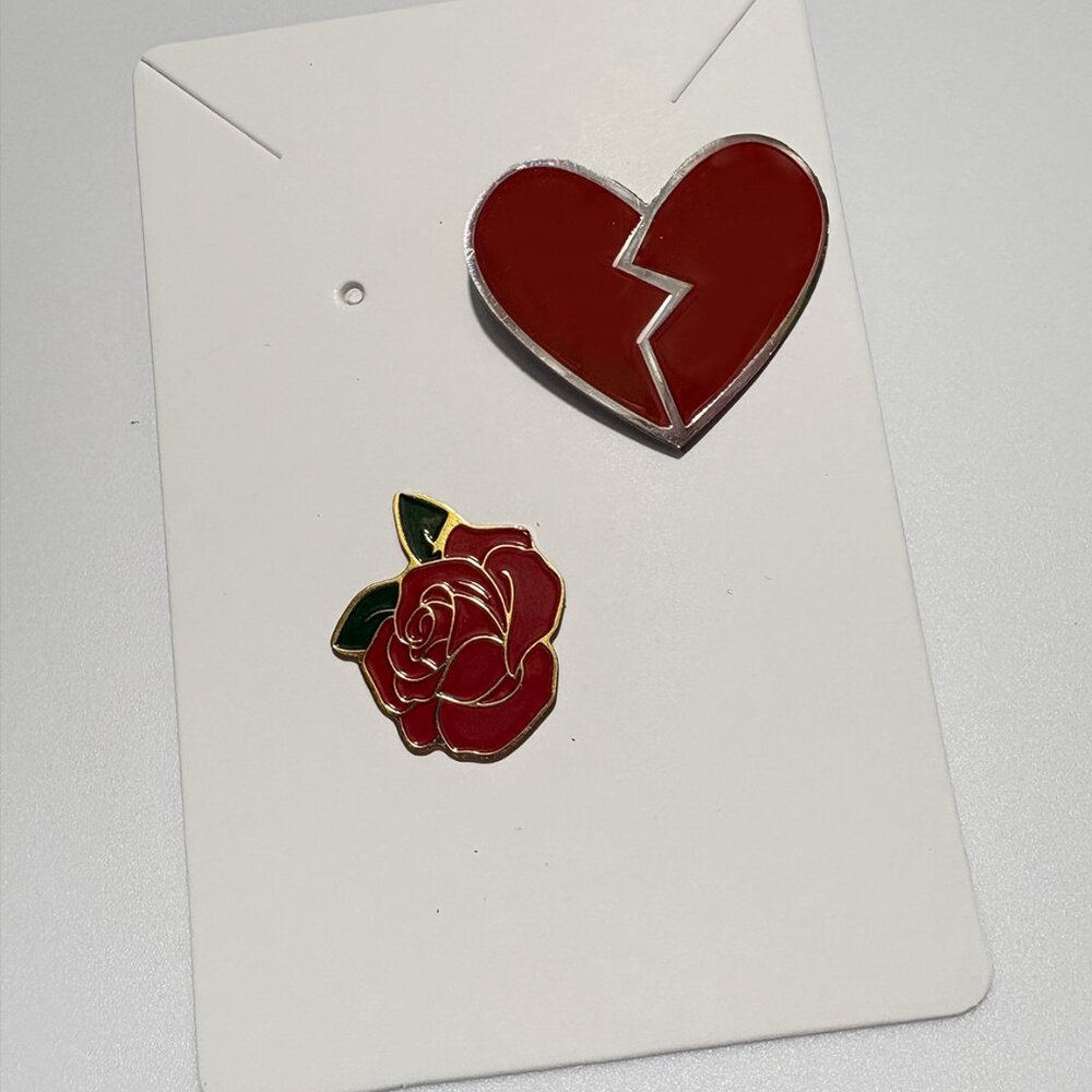 Set of Two Enamel Pins – Broken Heart & Rose